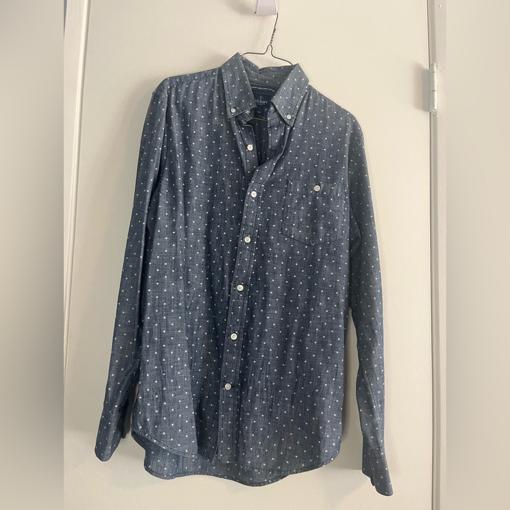 Long sleeve, blue button up with white polkadots from Old Navy